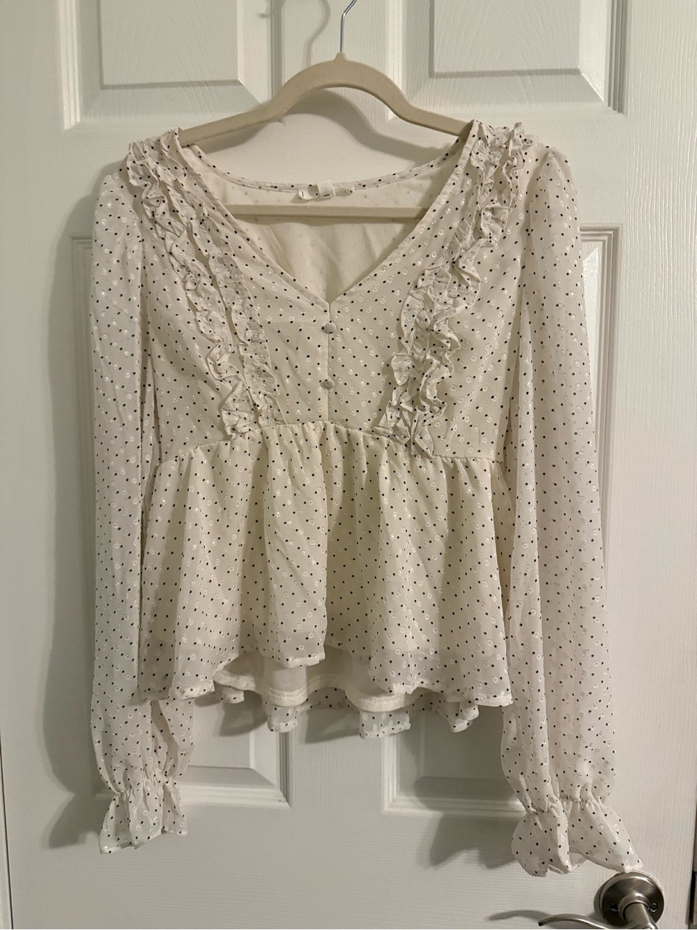 mine Cream Blouse with Black Dot Print and Ruffled V-Neck
